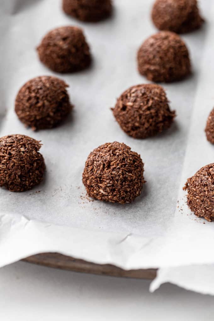 no bake chocolate coconut macaroons on a baking pan