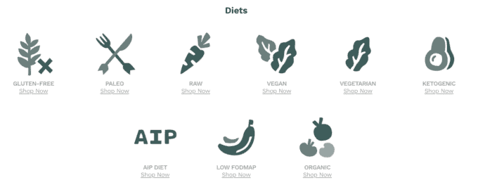 A screenshot of different diets from thrive market