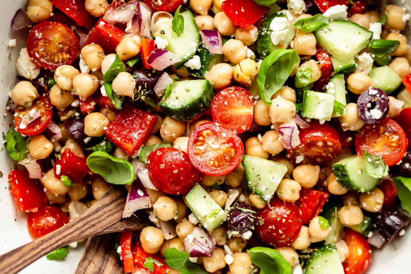 chickpeas, tomatoes and cucumbers tossed together