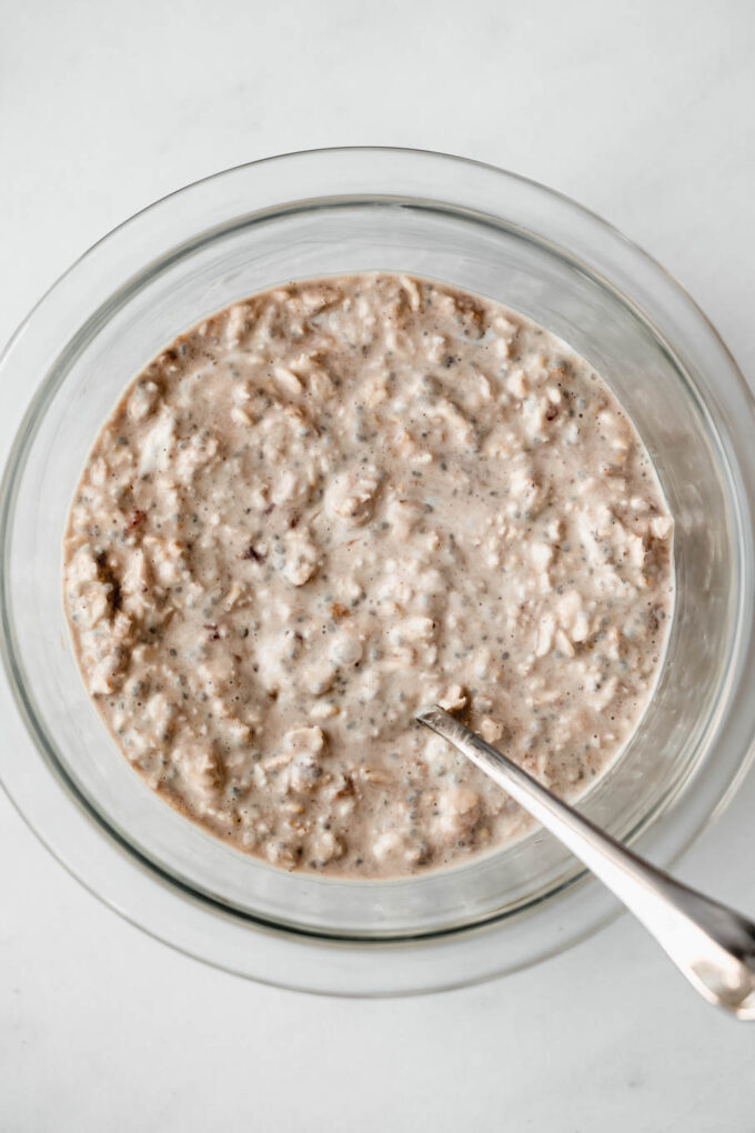 Peanut butter overnight oats in a mixing bowl