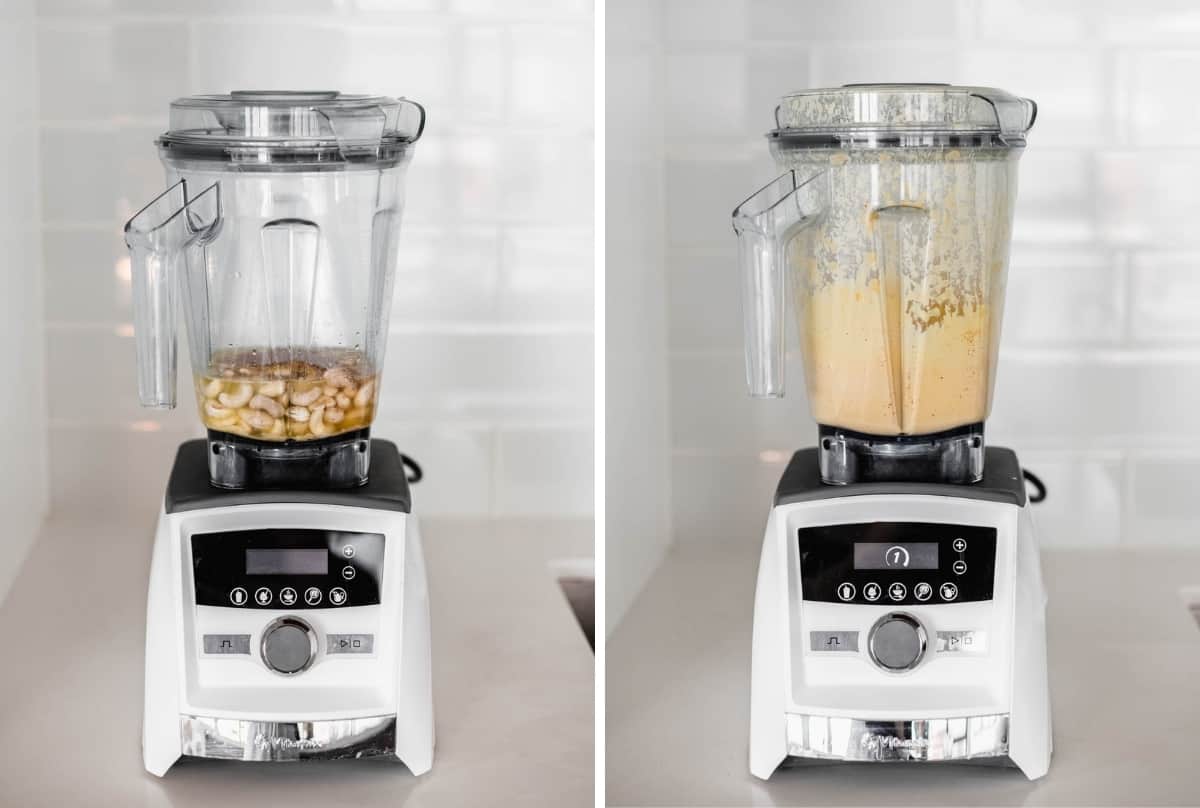 two side by side images of a blender before and after blending queso