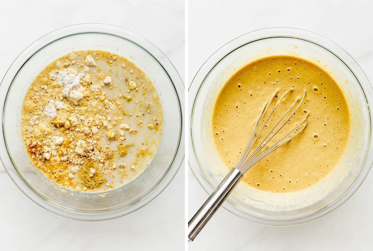 A mixing bowl with batter for chickpea quiche