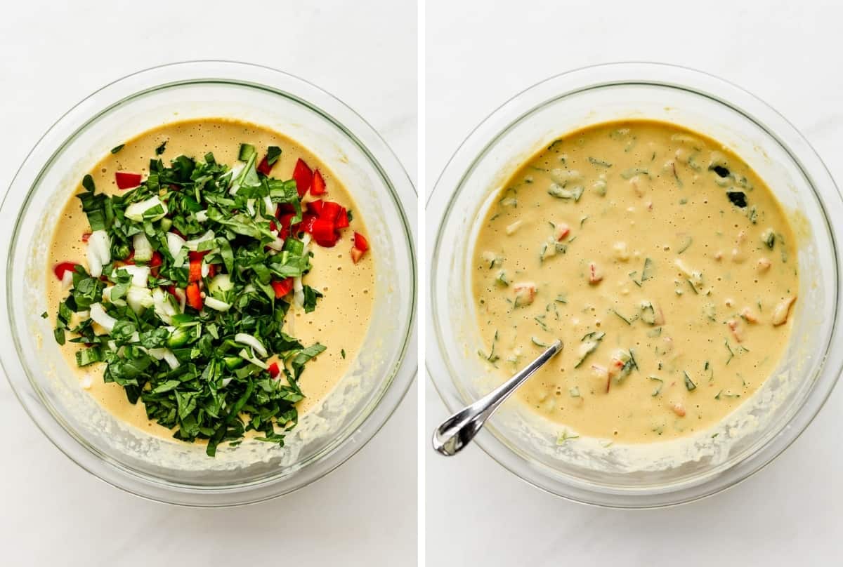 a clear mixing bowl with chickpea quiche batter and chopped vegetables