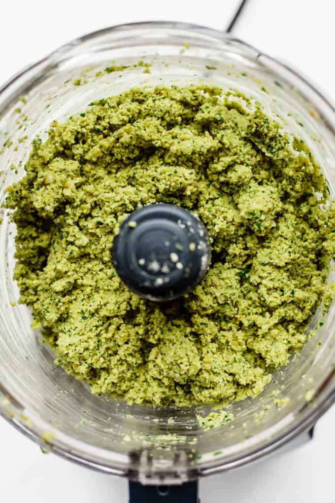 baked falafel dough in a food processor