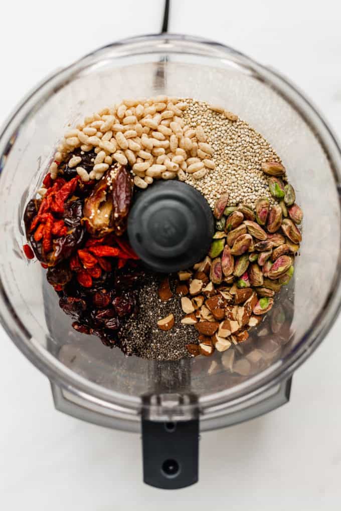 dried fruits, nuts and seeds in a food processor