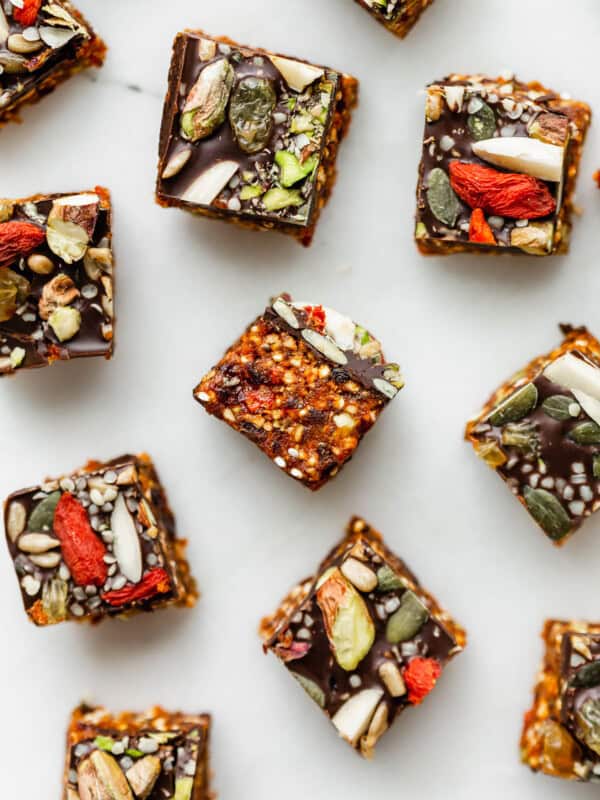 superfood energy squares on a marble board