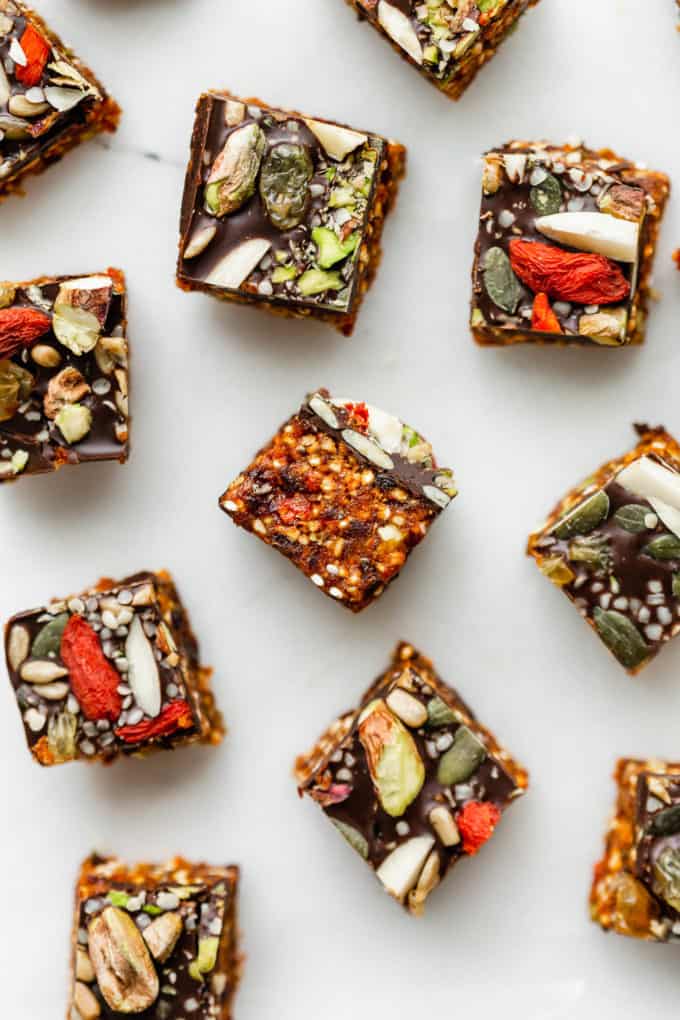 superfood energy squares on a marble board