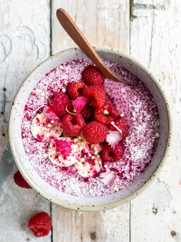 raspberry chia pudding in a white speckled bowl with a spoon in it