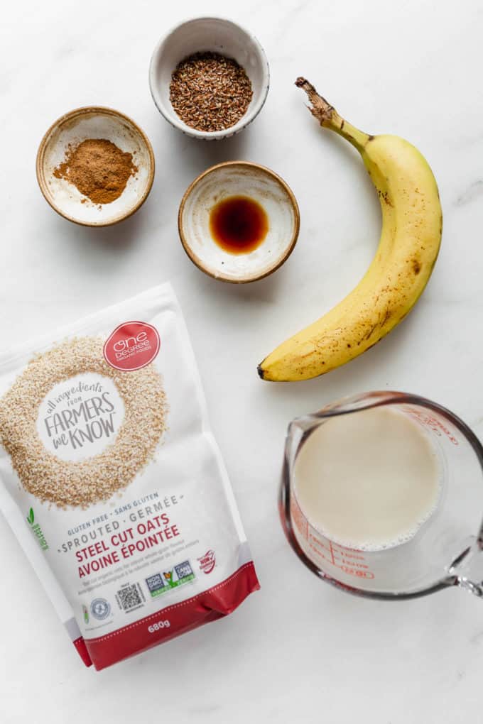 a flat lay of ingredients for a banana bread smoothie