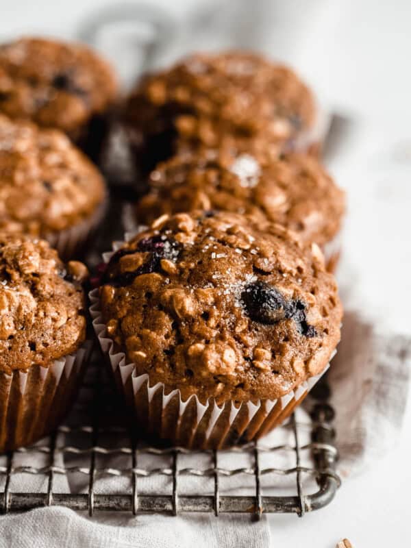 A blueberry muffin with a sprinkle of raw cane sugar on top