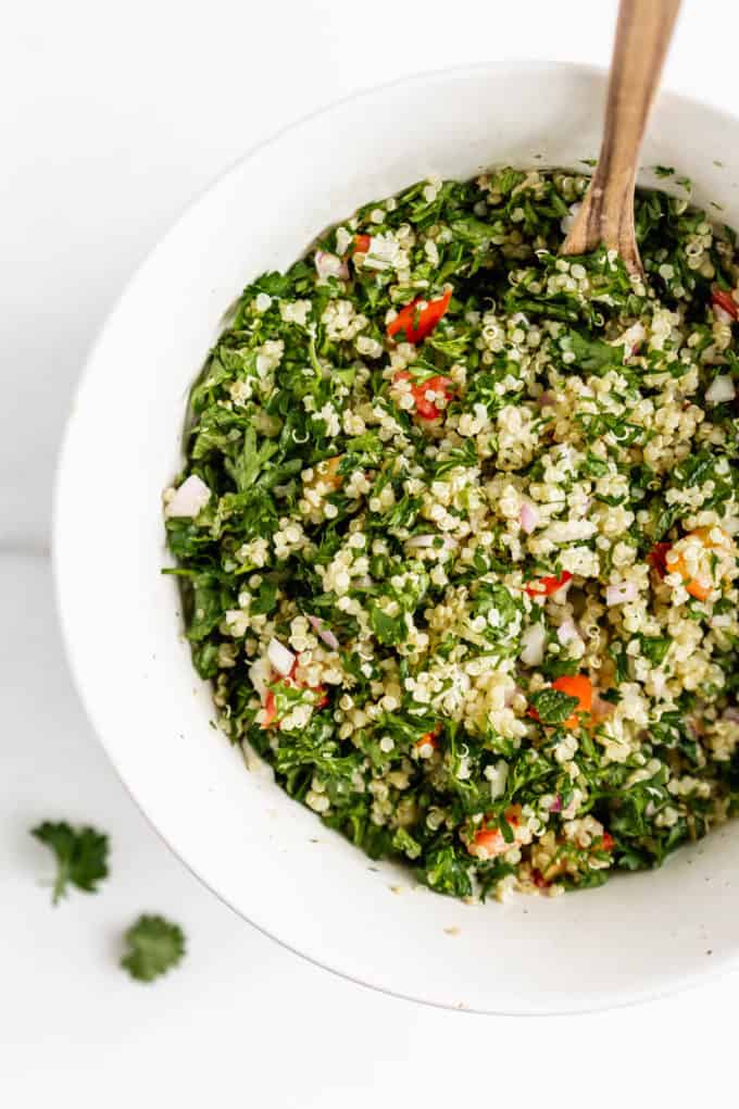 A bowl of quinoa tabbouleh salad