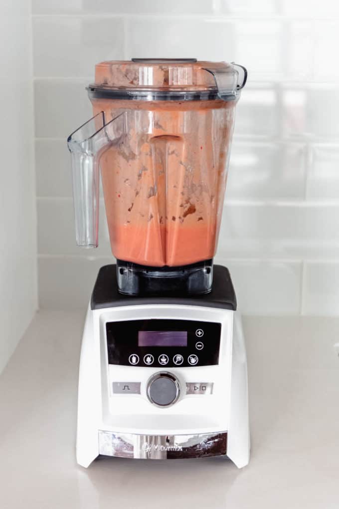 a strawberry mango smoothie in a blender