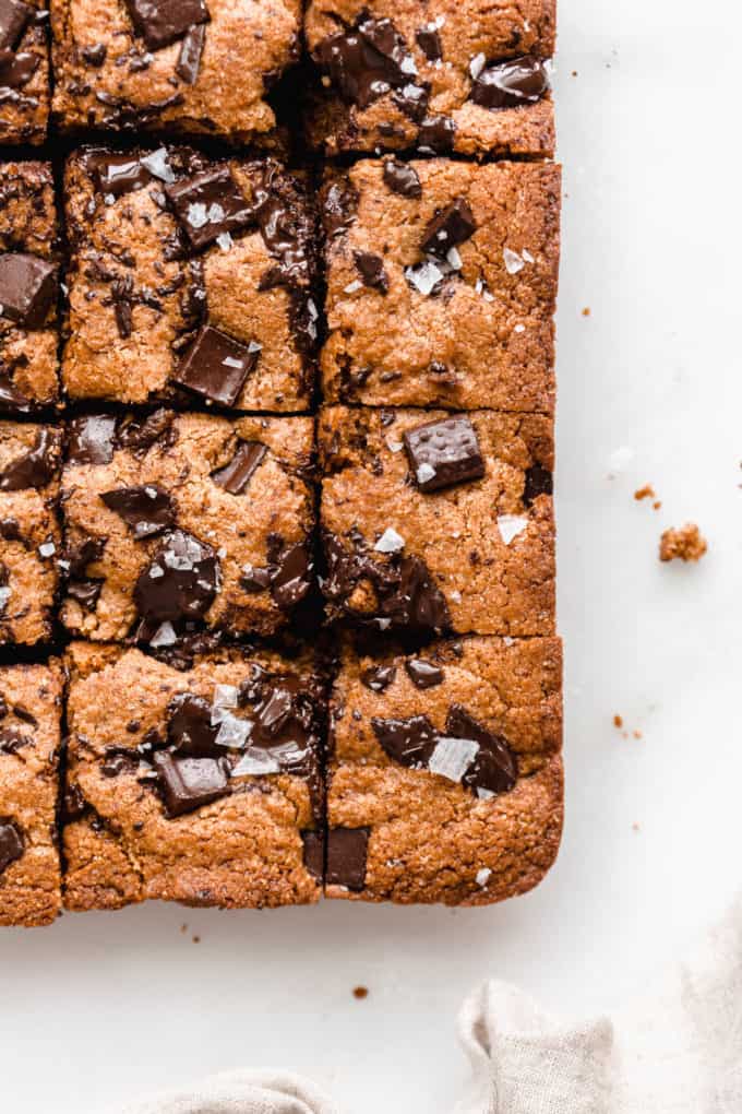 Almond butter blondies with chocolate chunks and sea salt on top