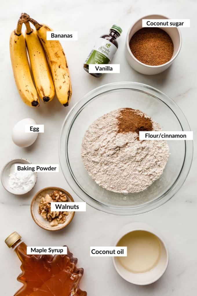 A flat lay of ingredients to make banana nut muffins