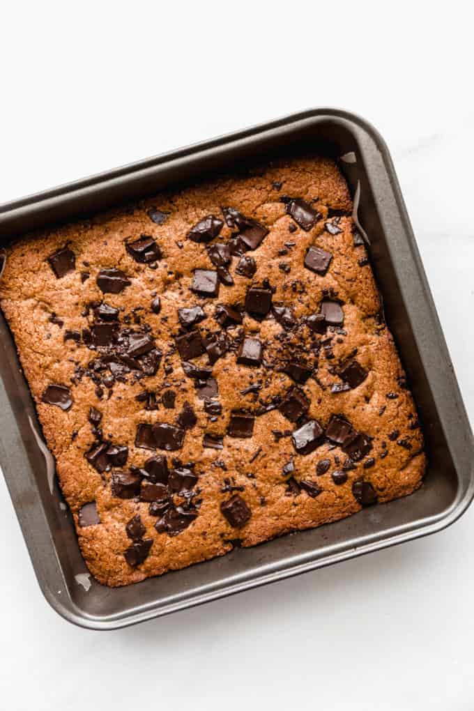 Baked Almond Butter Blondies in a pan