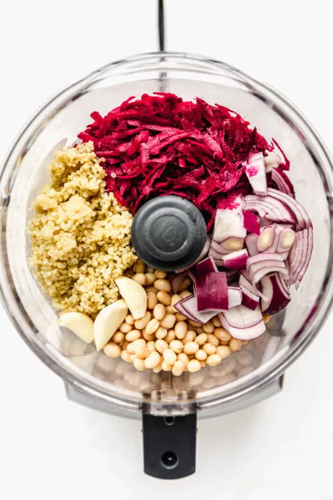 beets, quinoa, onions, garlic and white beans in a food processor
