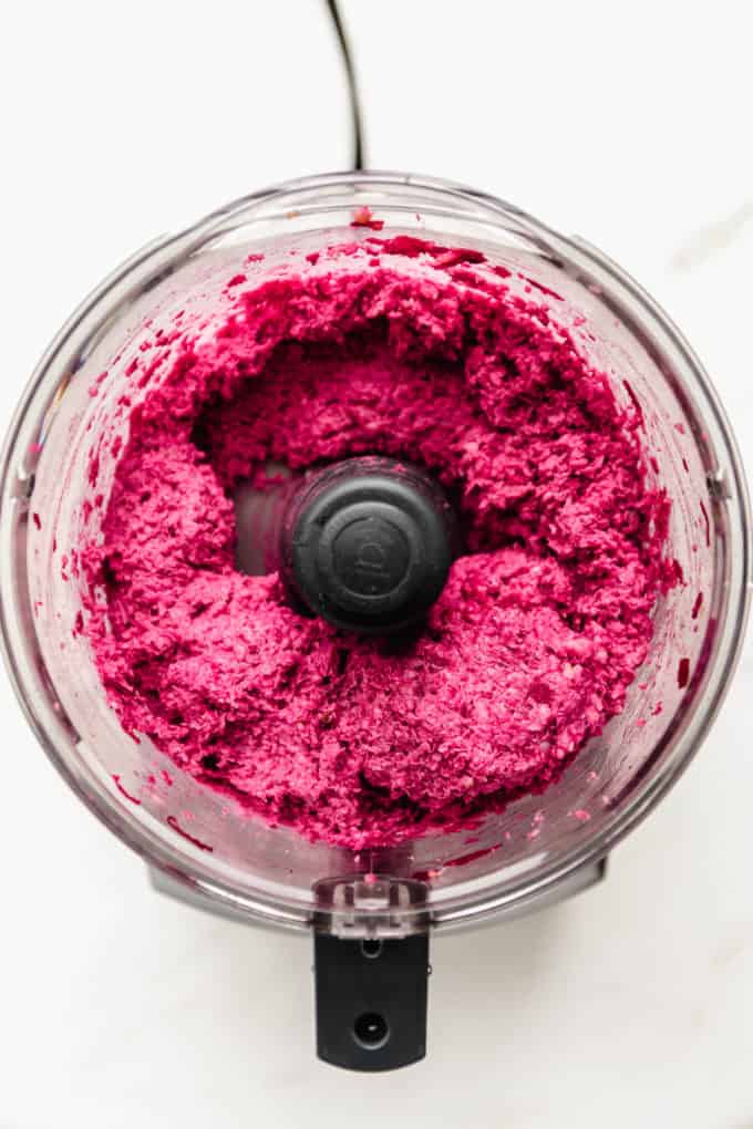 Beet burger mixture in a food processor