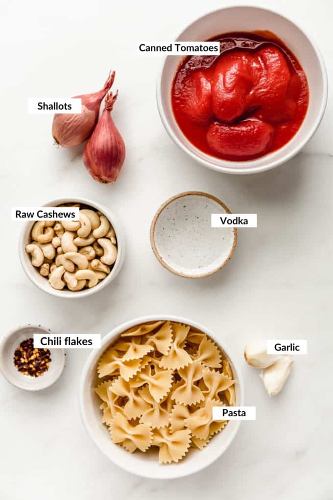 A flat lay of ingredients to make vegan vodka pasta
