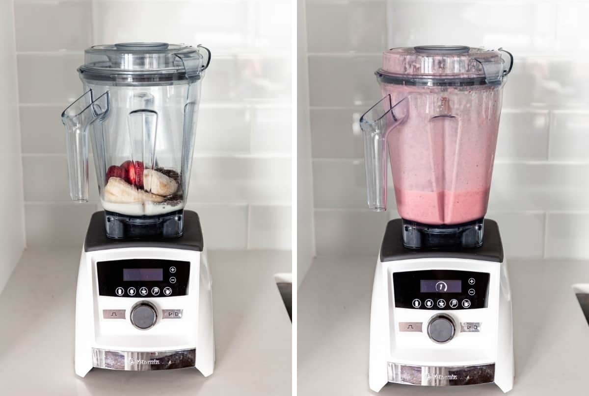 a before and after of a chia seed smoothie blended