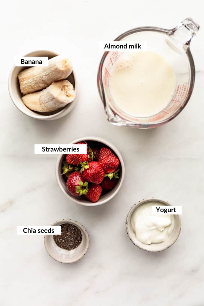 A flat lay of ingredients for a chia seed smoothie