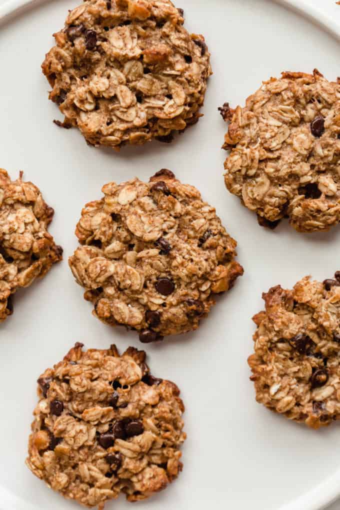 chocolate chip oatmeal banana cookies on a white plate