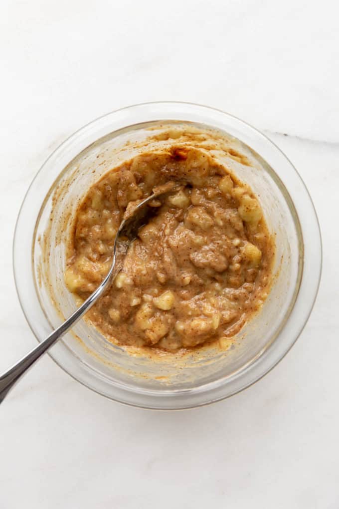 Mixed up almond butter and mashed bananas in a mixing bowl