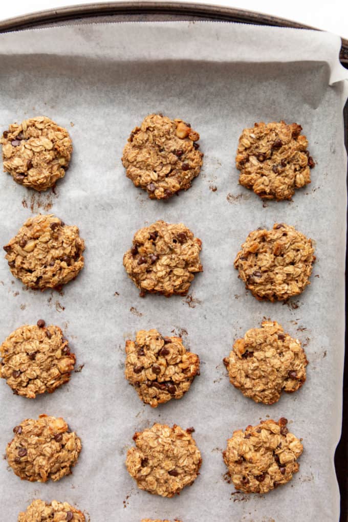 baked banana oatmeal cookies on a baking sheet