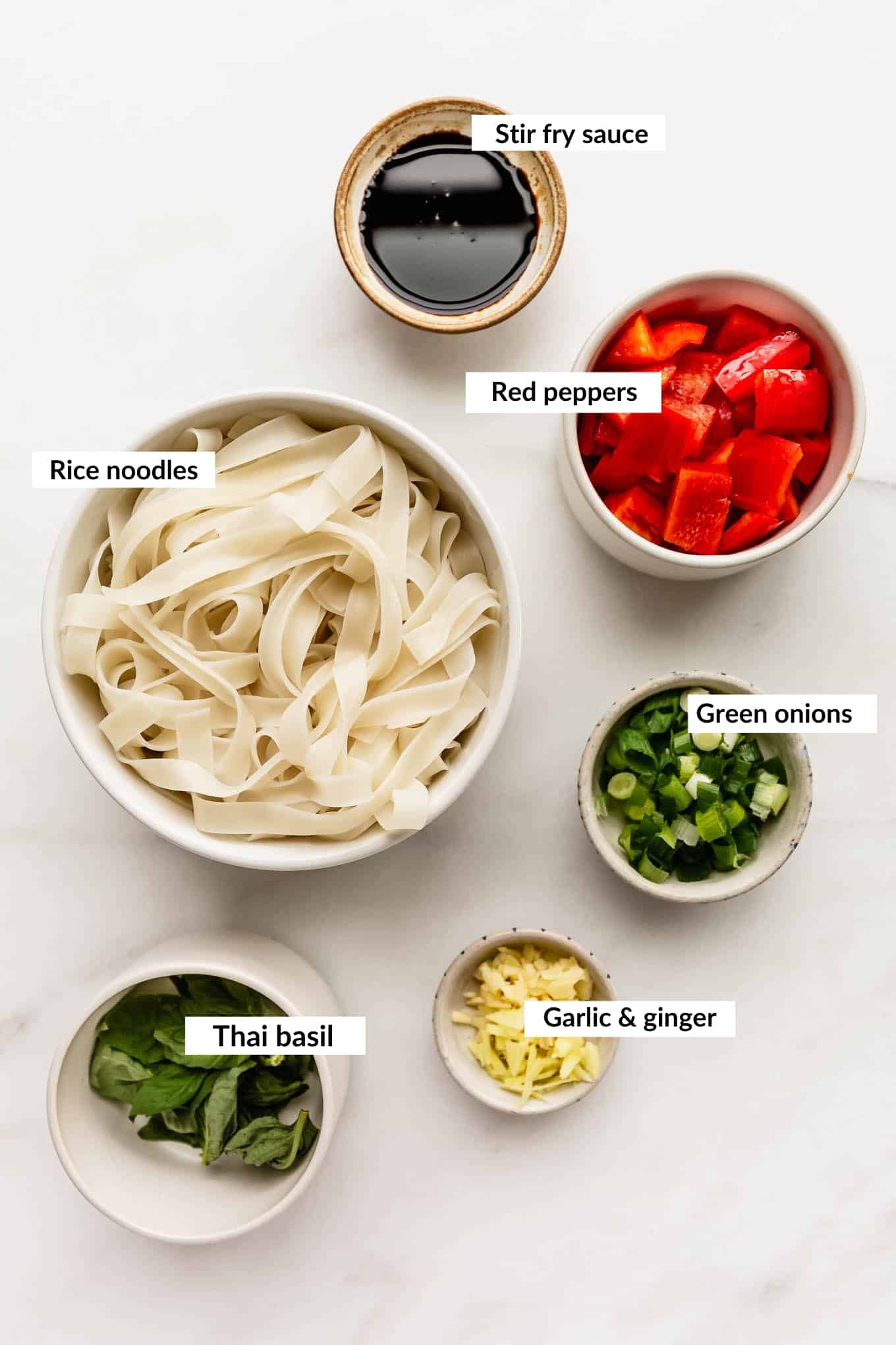 A flat lay of ingredients to make Thai drunken noodles