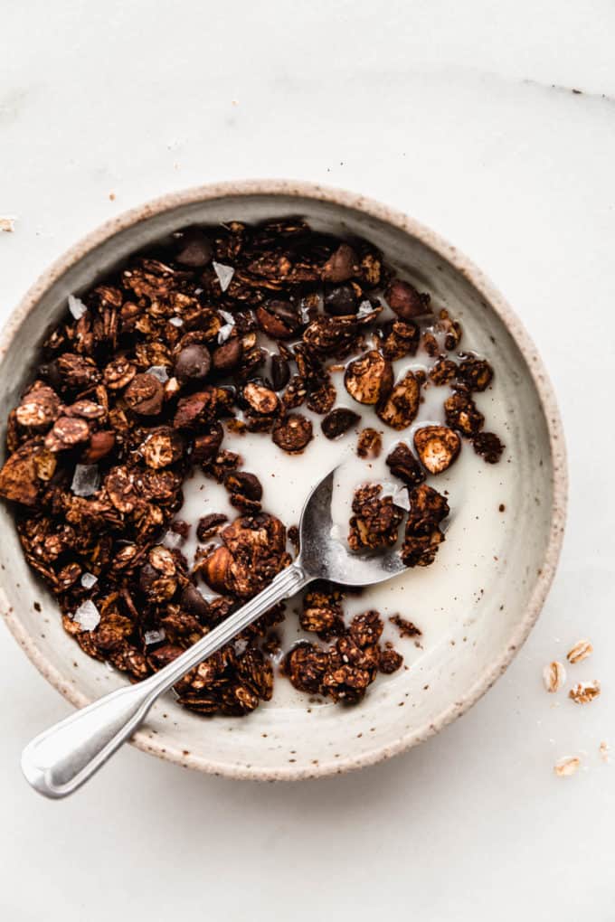 A bowl with granola and a spoon in it
