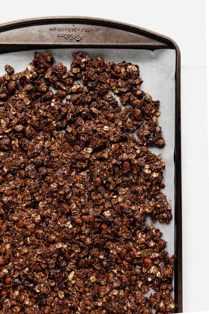 Chocolate granola on a baking pan