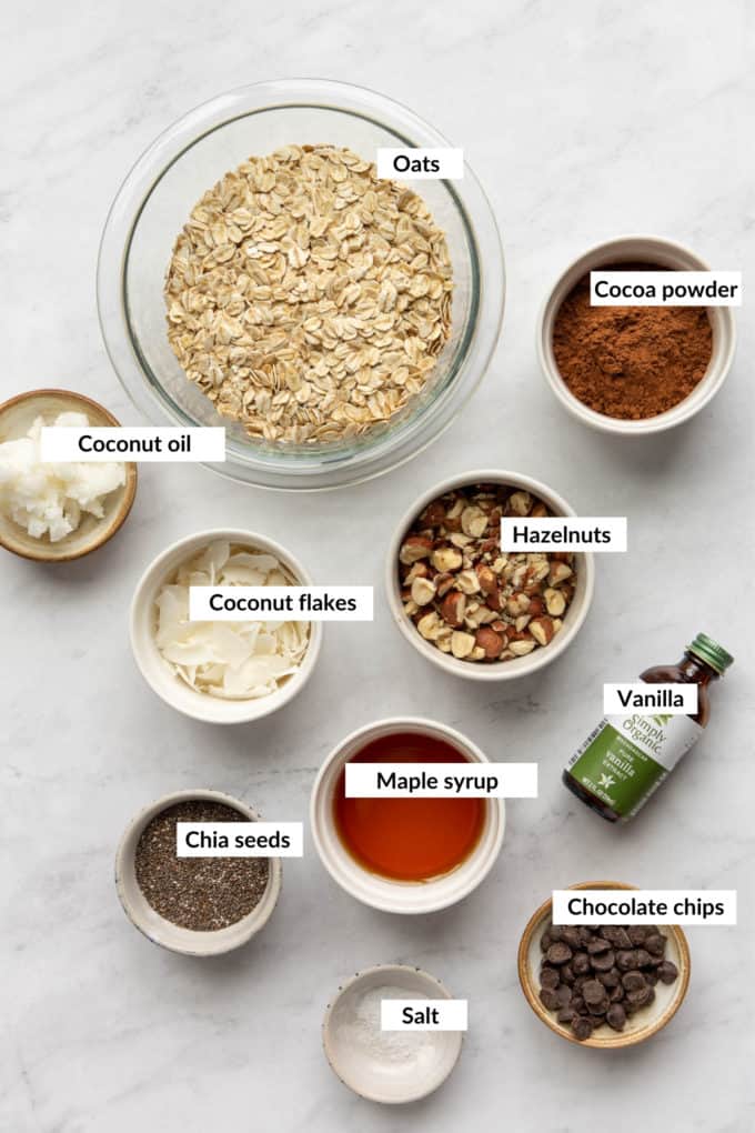 A flat lay of ingredients to make healthy chocolate granola