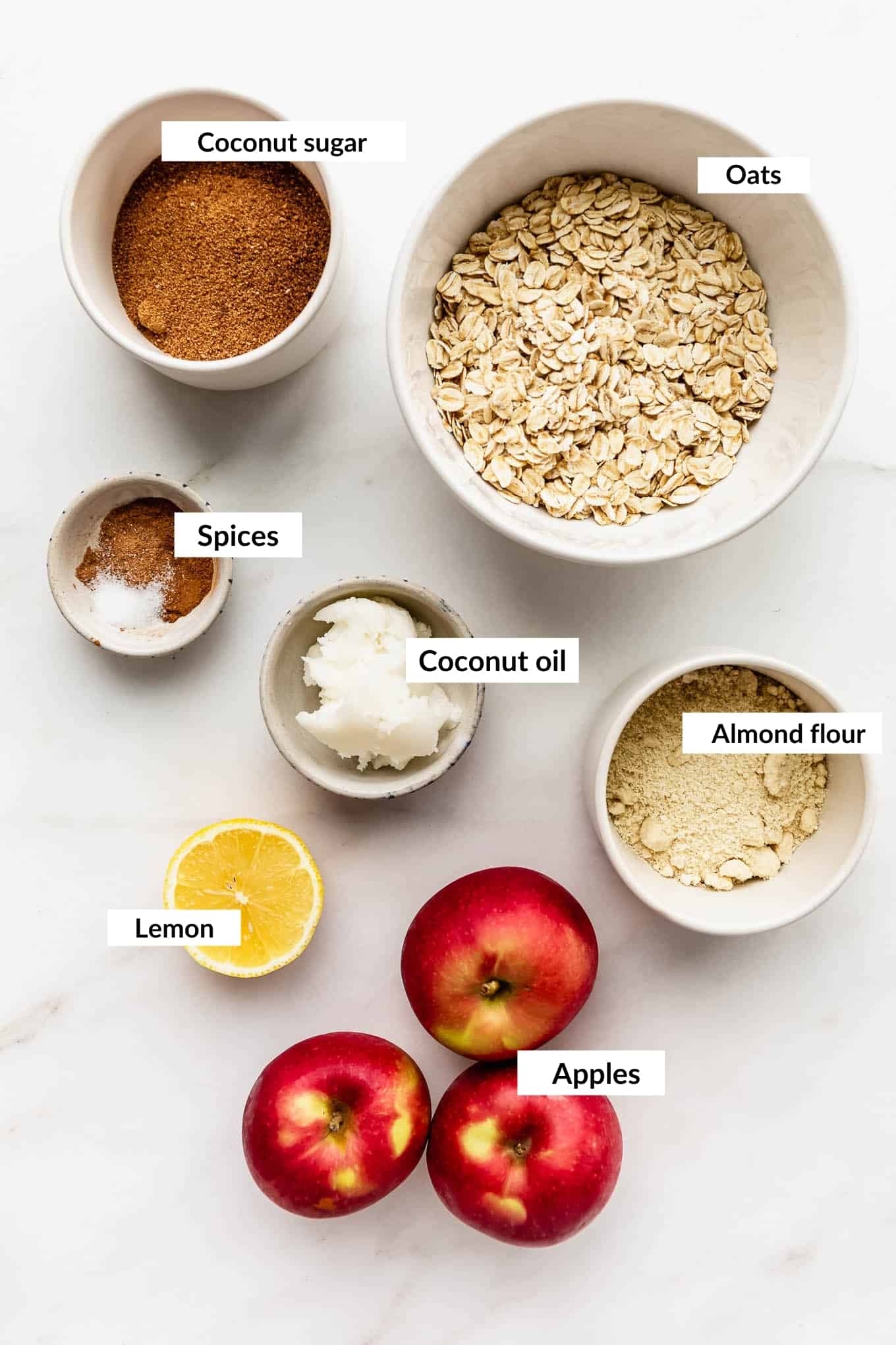 A flat lay of ingredients for healthy apple crisp