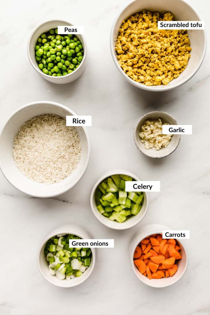 A flat lay of ingredients for vegan fried rice