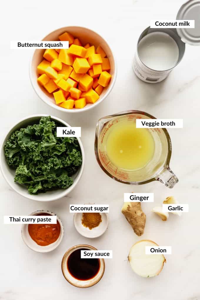 A flat lay of ingredients to make a butternut squash curry