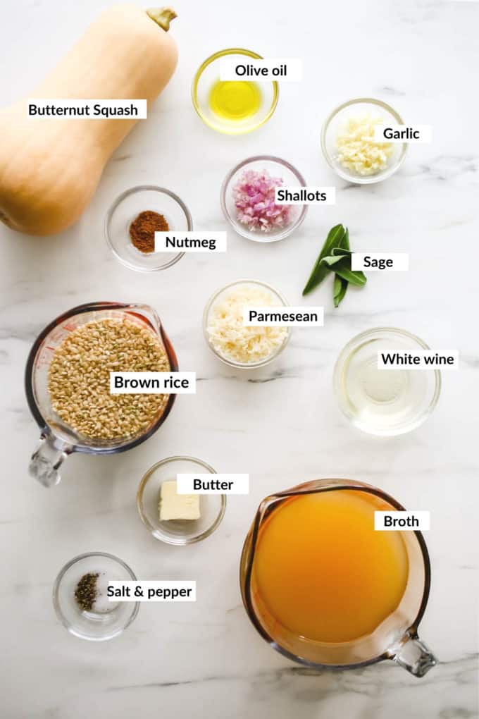 A flat lay of ingredients for butternut squash risotto