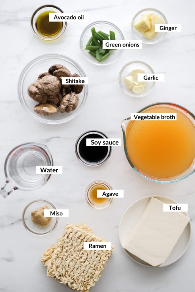 A flat lay of ingredients for vegan ramen