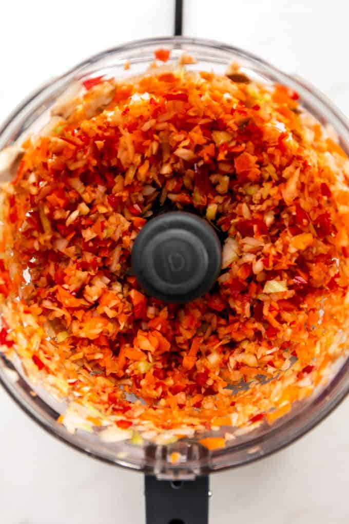 chopped vegetables in a food processor