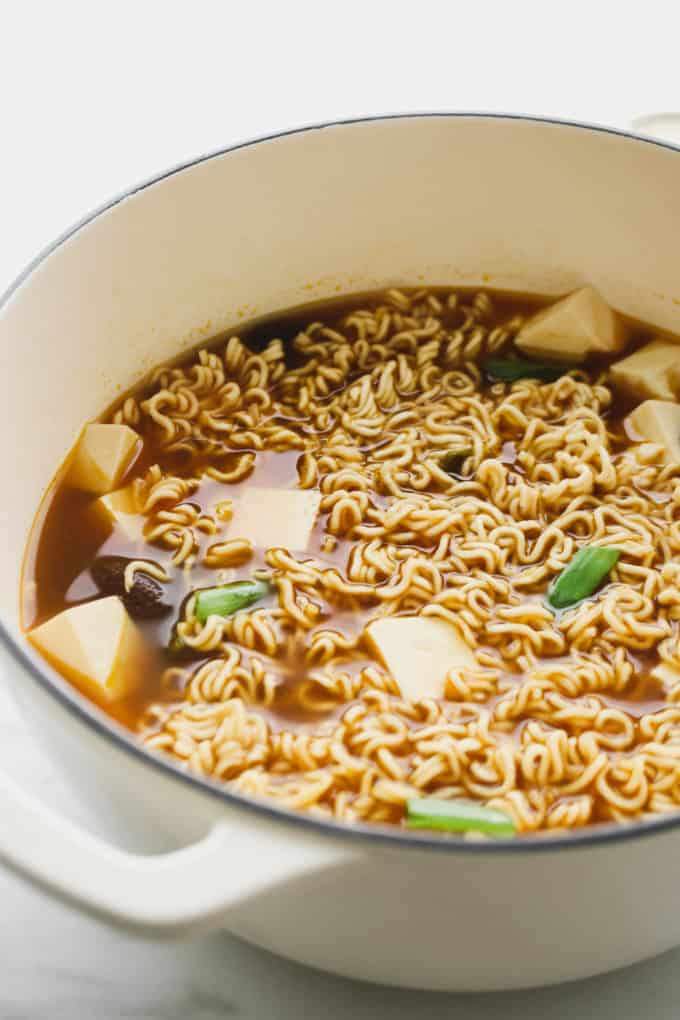 vegan ramen soup with tofu in a pot