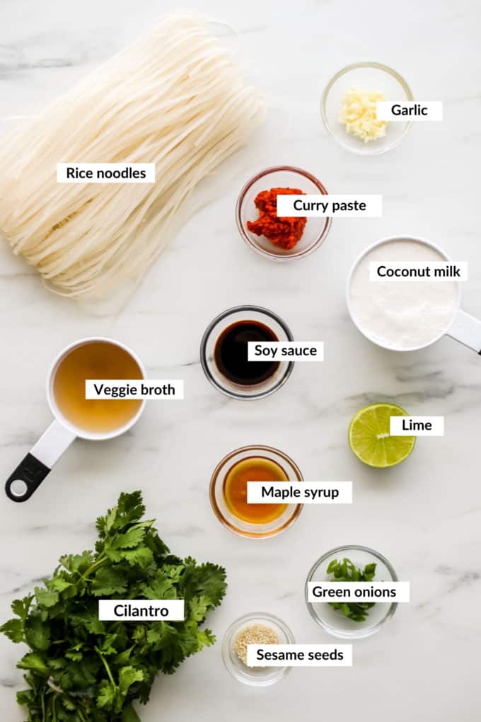 A flat lay of ingredients for Thai Red Curry Noodles