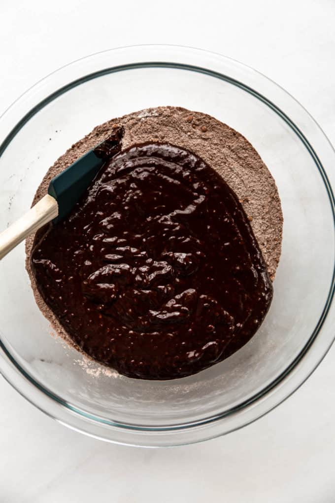 chocolate mixture and flour in a bowl