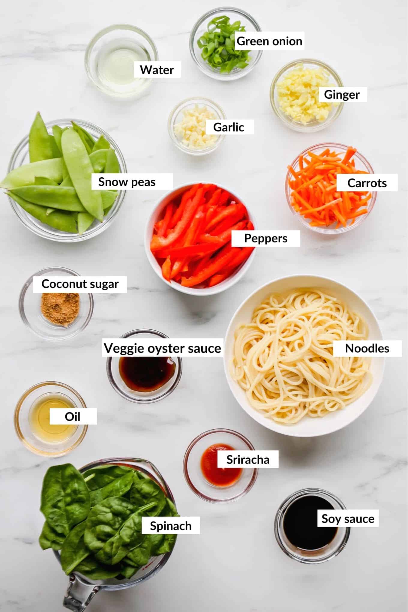 A flat lay of ingredients to make vegetable lo mein