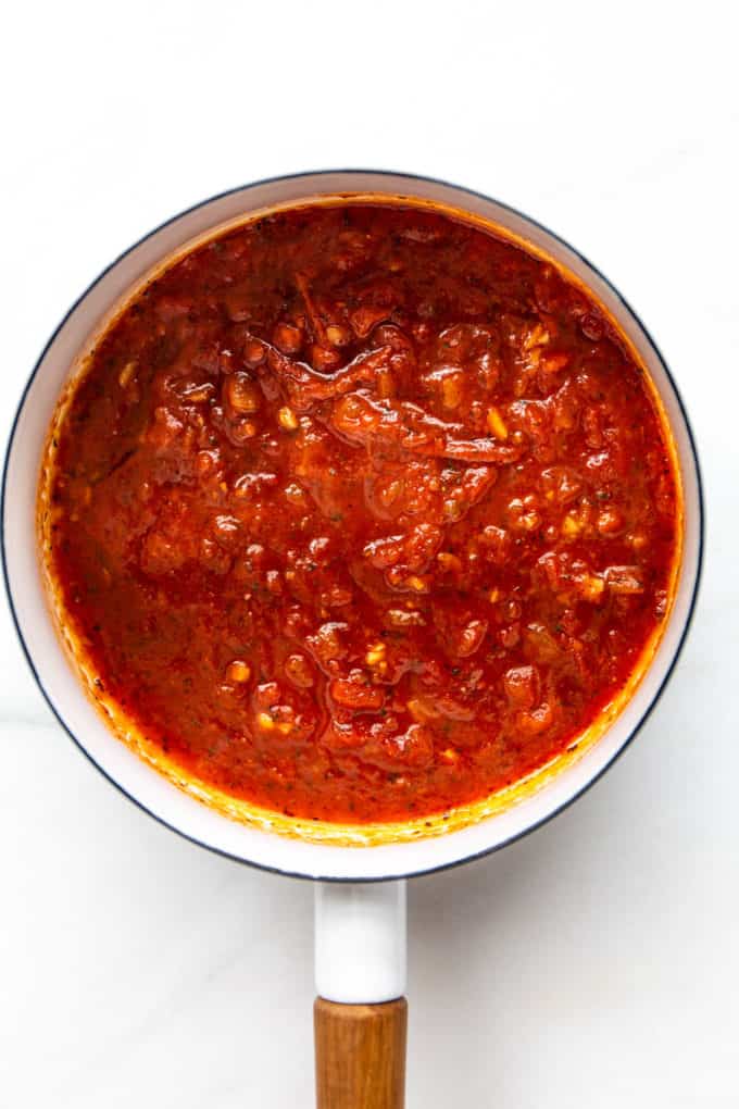 tomato sauce in a white pot