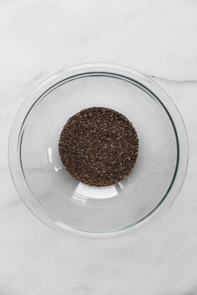 chia seeds in a clear mixing bowl