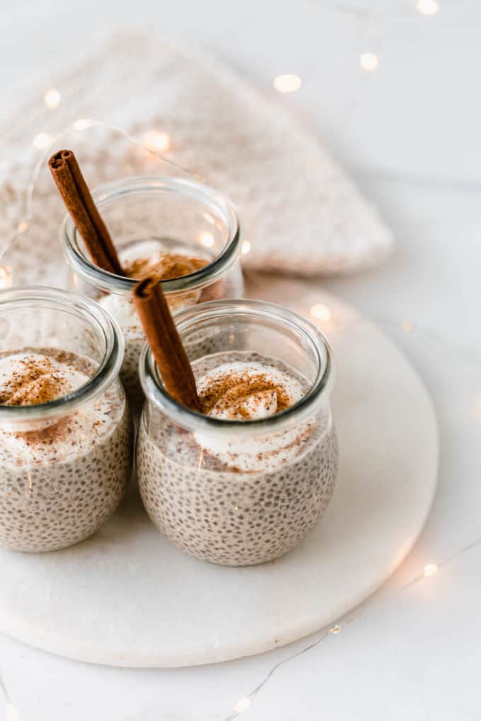 Eggnog chia pudding with twinkle Christmas lights