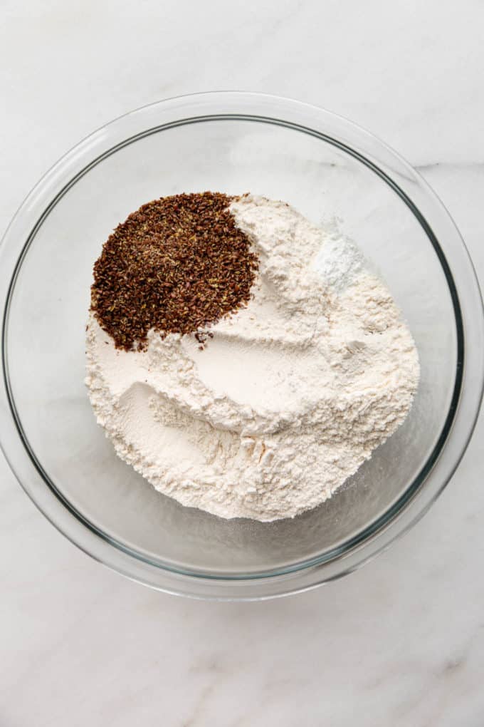 flour and flax seeds in a mixing bowl