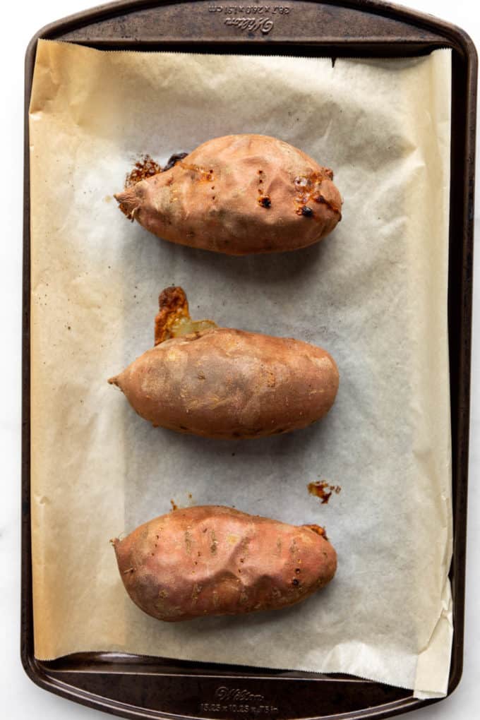 roasted sweet potatoes on a baking sheet