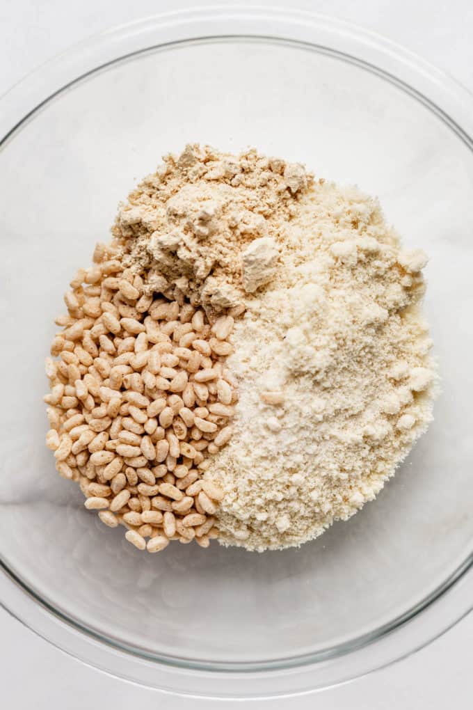 ice crisps, almond flour and protein powder in a mixing bowl