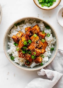 sesame tofu and rice in a bowl with a grey napkin on the side