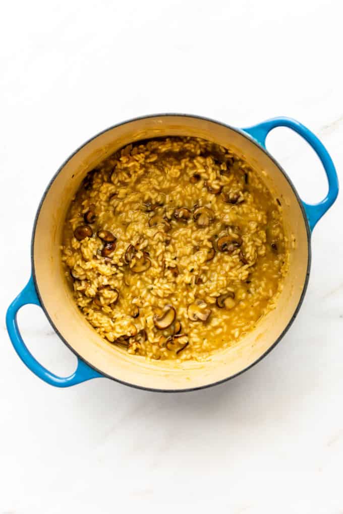 vegan mushroom risotto in a pot