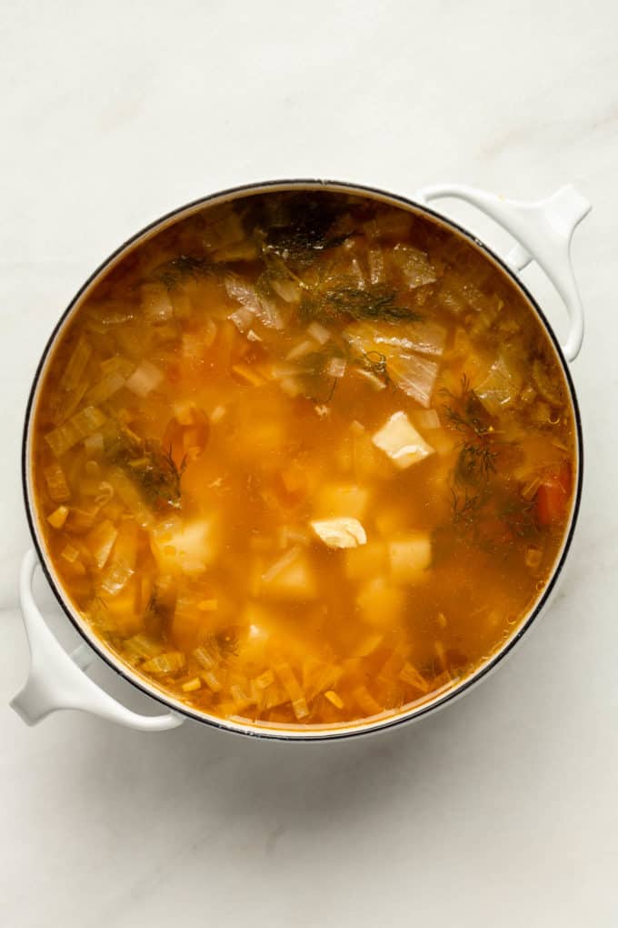 broth with potatoes, onion, dill and carrots in a pot